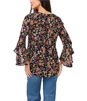 Vince Camuto Ditsy Floral Woven Georgette V-Neck 3/4 Flutter Sleeve SharkBite Blouse