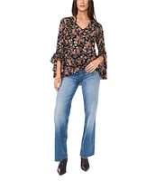 Vince Camuto Ditsy Floral Woven Georgette V-Neck 3/4 Flutter Sleeve SharkBite Blouse