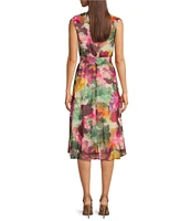 Vince Camuto Floral Chiffon V-Neck Sleeveless Smocked Waist Fit and Flare Midi Dress