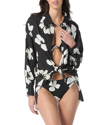 Vince Camuto Floral Collared Long Sleeve Tie Front Swim Cover-Up Shirt
