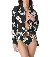 Vince Camuto Floral Collared Long Sleeve Tie Front Swim Cover-Up Shirt