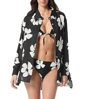 Vince Camuto Floral Collared Long Sleeve Tie Front Swim Cover-Up Shirt