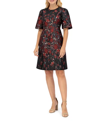 Vince Camuto Floral Jacquard Jewel Neck Elbow Sleeve A-Line Dress