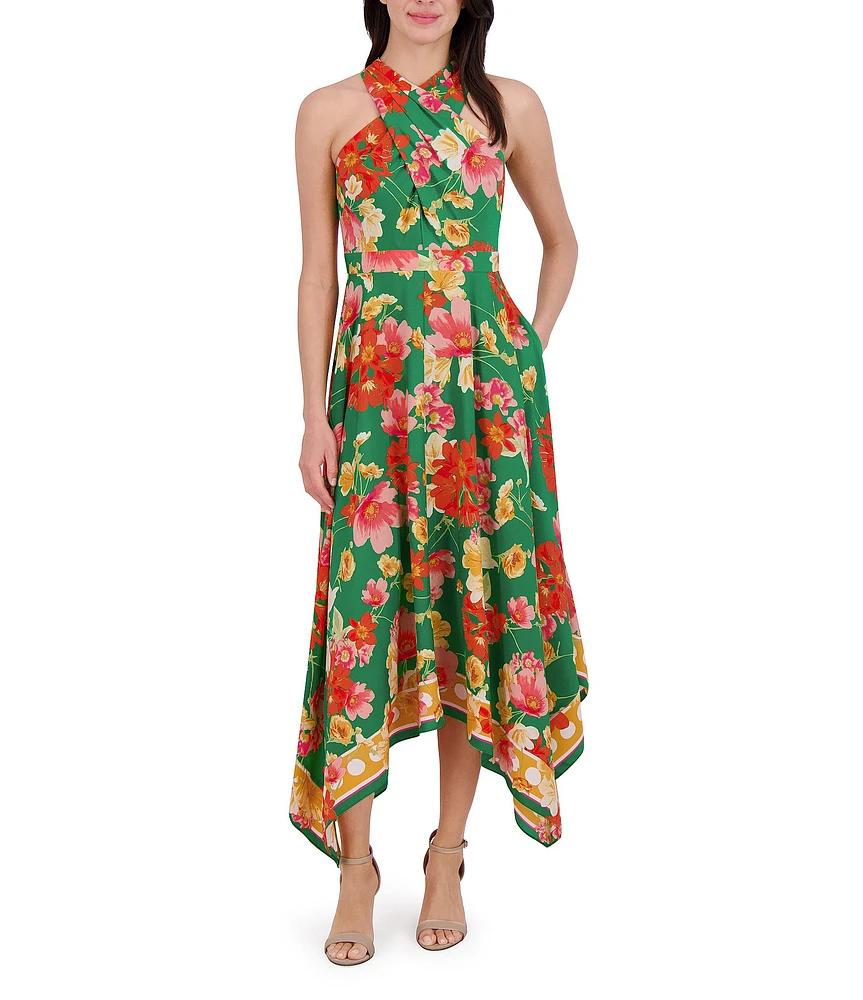 Vince Camuto Floral Print Halter Neckline Sleeveless High-Low Midi A-Line Dress