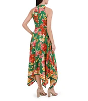 Vince Camuto Floral Print Halter Neckline Sleeveless High-Low Midi A-Line Dress