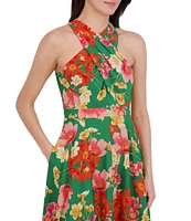 Vince Camuto Floral Print Halter Neckline Sleeveless High-Low Midi A-Line Dress