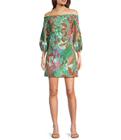 Vince Camuto Floral Print Off-The-Shoulder 3/4 Sleeve Knee Length Shift Dress