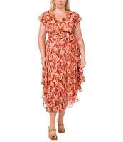 Vince Camuto Floral Print V-Neck Short Flutter Sleeve Ruffle A-Line Dress