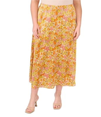 Vince Camuto Floral Satin Pull On Midi Skirt