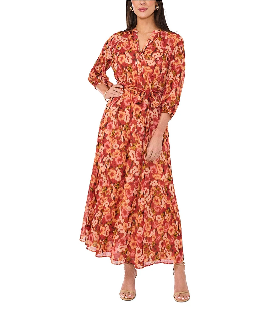 Vince Camuto Floral Satin Yoryu V-Neck Long Blouson Sleeve Button Front Tie at Waist A-Line Flounce Shirttail Midi Dress