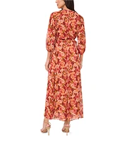 Vince Camuto Floral Satin Yoryu V-Neck Long Blouson Sleeve Button Front Tie at Waist A-Line Flounce Shirttail Midi Dress