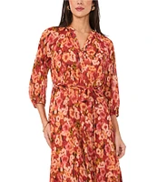 Vince Camuto Floral Satin Yoryu V-Neck Long Blouson Sleeve Button Front Tie at Waist A-Line Flounce Shirttail Midi Dress