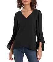 Vince Camuto 3/4 Flutter Sleeve V-Neck Crisscross Front Tunic