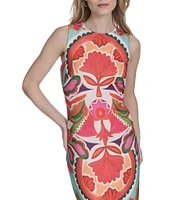 Vince Camuto Geo Print Boat Neck Sleeveless Midi Bodycon Midi Dress