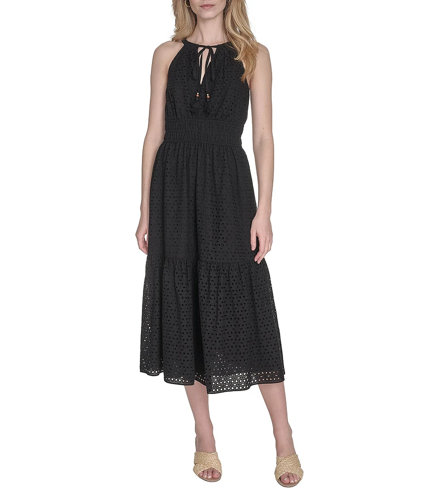 Vince Camuto Halter Neck Sleeveless Embroidered Midi Dress