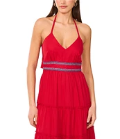Vince Camuto Halter V Neckline Tie Back Tiered Maxi Dress