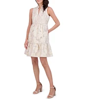 Vince Camuto Jacquard Floral Metallic V-Neck Sleeveless Tiered A-Line Dress