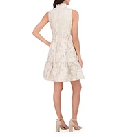 Vince Camuto Jacquard Floral Metallic V-Neck Sleeveless Tiered A-Line Dress