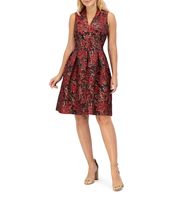 Vince Camuto Jacquard Floral Print V-Neck Sleeveless Fit And Flare Dress