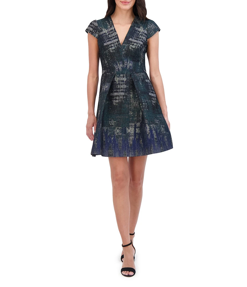 Vince Camuto Jacquard V Neck Cap Sleeve Dress