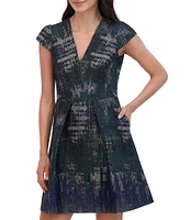 Vince Camuto Jacquard V Neck Cap Sleeve Dress