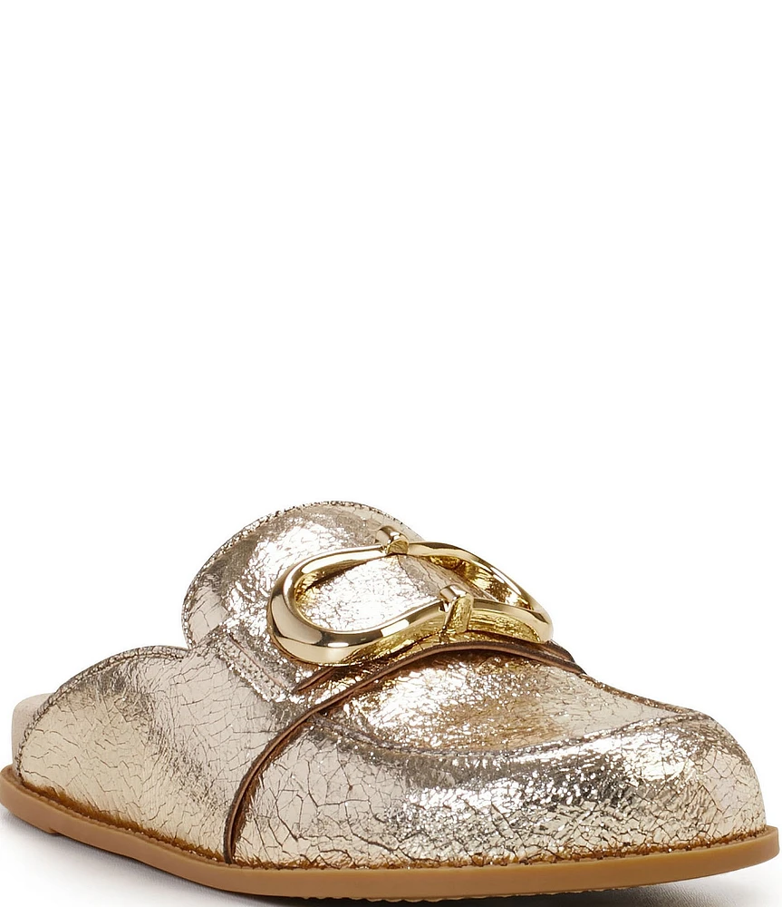 Vince Camuto Junnie Crackle Mirror Metallic Leather Slip On Buckle Mules