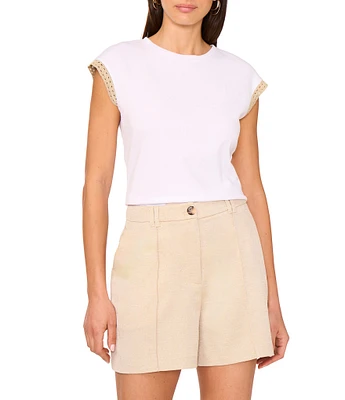Vince Camuto Knit Crew Neck Cap Sleeve Metallic Trim Tee