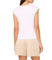 Vince Camuto Knit Crew Neck Cap Sleeve Metallic Trim Tee