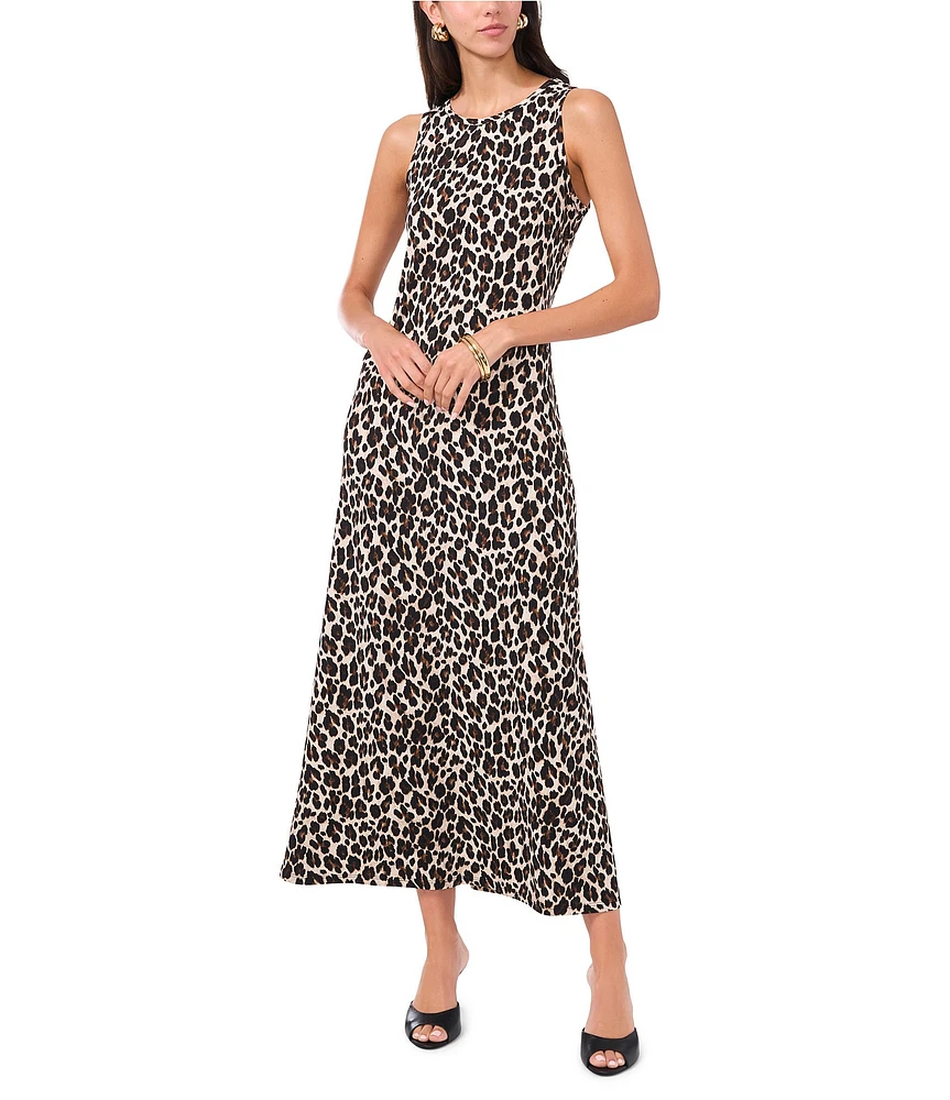 Vince Camuto Knit Leopard Crew Neck Sleeveless Back Keyhole Split Hem Column Maxi Dress