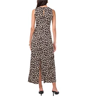 Vince Camuto Knit Leopard Crew Neck Sleeveless Back Keyhole Split Hem Column Maxi Dress