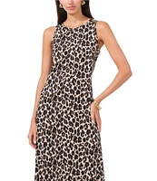 Vince Camuto Knit Leopard Crew Neck Sleeveless Back Keyhole Split Hem Column Maxi Dress