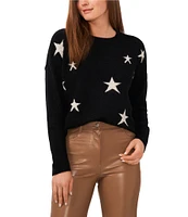 Vince Camuto Knit Star Crew Neck Drop Shoulder Long Sleeve Oversized Pullover Sweater