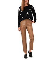 Vince Camuto Knit Star Crew Neck Drop Shoulder Long Sleeve Oversized Pullover Sweater