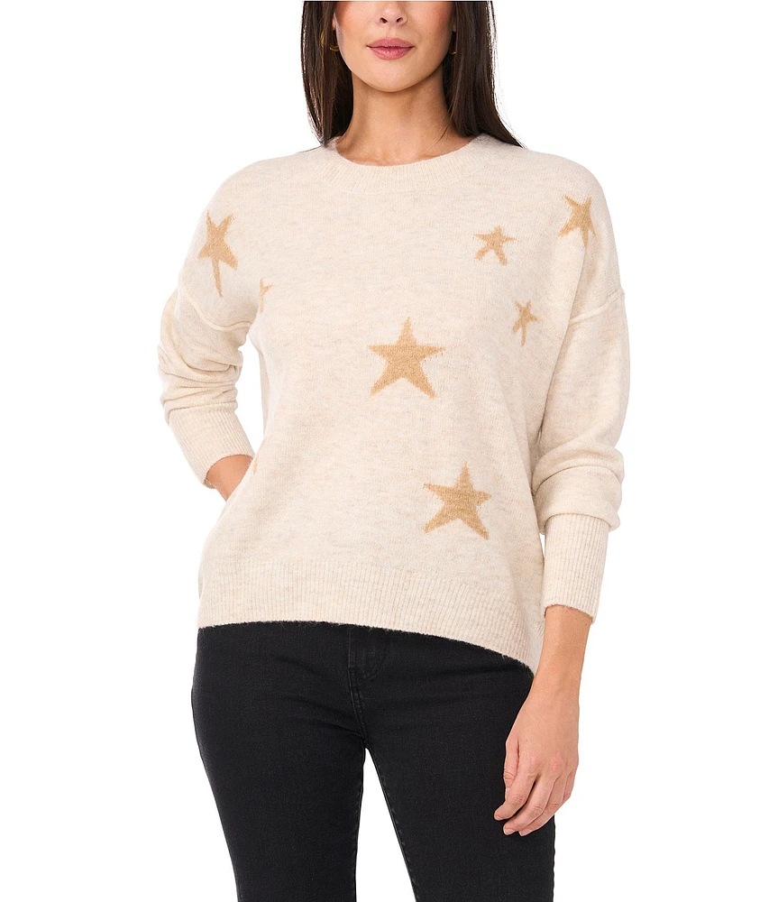 Vince Camuto Knit Star Crew Neck Drop Shoulder Long Sleeve Oversized Pullover Sweater