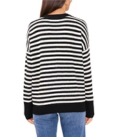 Vince Camuto Knit Stripe Contrast Crew Neck Drop Shoulder Long Sleeve Oversized Sweater