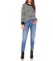 Vince Camuto Knit Stripe Contrast Crew Neck Drop Shoulder Long Sleeve Oversized Sweater