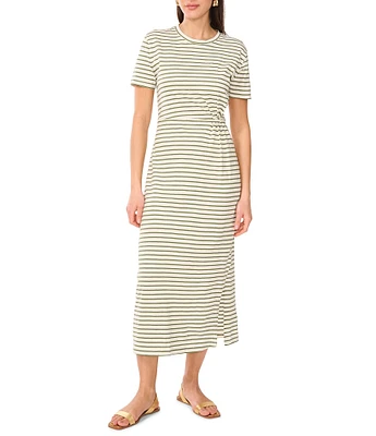 Vince Camuto Knit Striped Crew Neck Short Sleeve Ruched Midi Shirt Dress