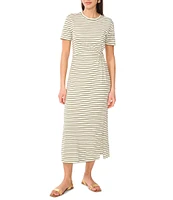 Vince Camuto Knit Striped Crew Neck Short Sleeve Ruched Midi Shirt Dress