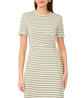 Vince Camuto Knit Striped Crew Neck Short Sleeve Ruched Midi Shirt Dress