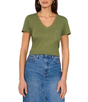Vince Camuto Knit V Neck Short Sleeve Front Pocket Tee