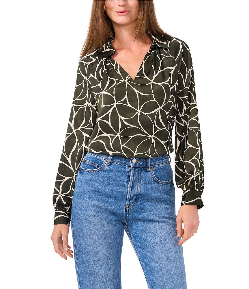 Vince Camuto Leaf Print Woven Point Collar Split V-Neck Long Blouson Sleeve Shirttail Blouse