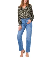 Vince Camuto Leaf Print Woven Point Collar Split V-Neck Long Blouson Sleeve Shirttail Blouse