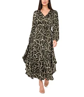 Vince Camuto Leaf Print Woven V-Neck Long Blouson Sleeve Button Front Tie at Waist A-Line Ruffle Flounce Shirttail Maxi Dress