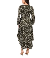 Vince Camuto Leaf Print Woven V-Neck Long Blouson Sleeve Button Front Tie at Waist A-Line Ruffle Flounce Shirttail Maxi Dress