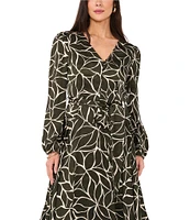 Vince Camuto Leaf Print Woven V-Neck Long Blouson Sleeve Button Front Tie at Waist A-Line Ruffle Flounce Shirttail Maxi Dress