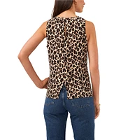 Vince Camuto Leopard Knit Crew Neck Sleeveless Back Keyhole Split Hem Blouse