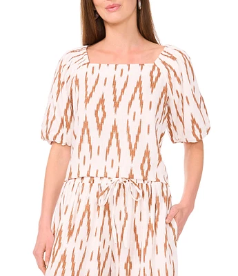 Vince Camuto Linen Blend Printed Square Neckline Short Raglan Sleeve Coordinating Blouse