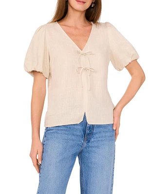 Vince Camuto Linen Blend V-Neck Short Puff Sleeve Tie Front Blouse