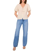 Vince Camuto Linen Blend V-Neck Short Puff Sleeve Tie Front Blouse