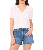 Vince Camuto Linen Blend V-Neck Short Puff Sleeve Tie Front Blouse